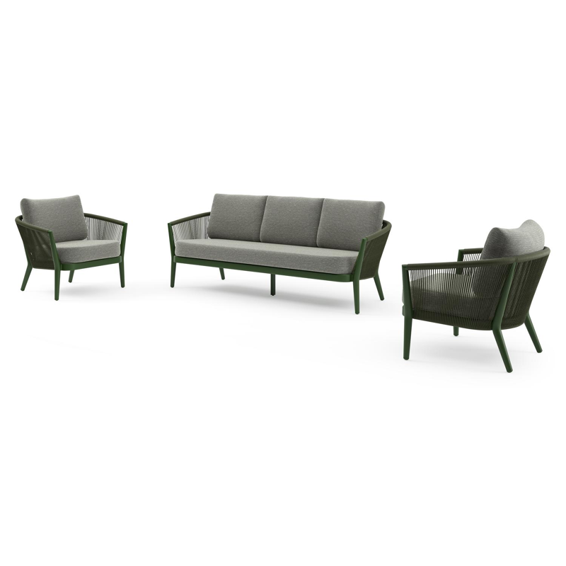 Orso loungeset in groen aluminium en groen verticaal geweven ronde rope met Slow Fern all weather sunbrella® luxe kussen