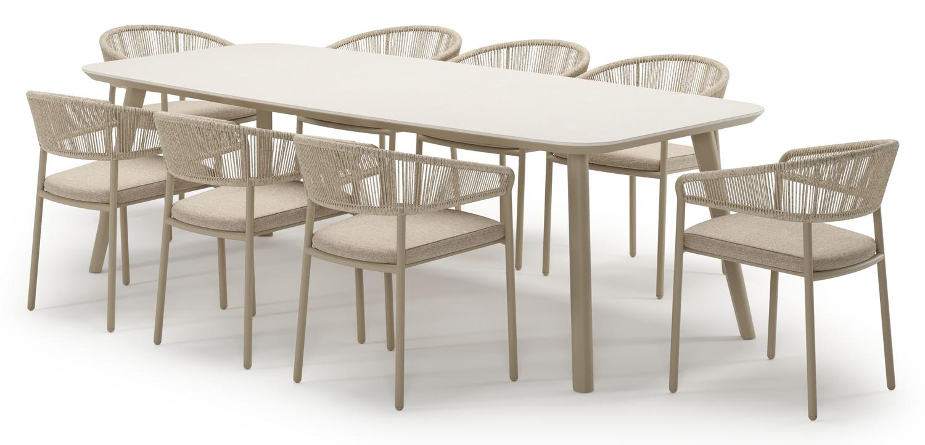 Ensemble de jardin Mosa en aluminium beige et sintered stone crema minerale avec 8 chaises de jardin empilable Zamora