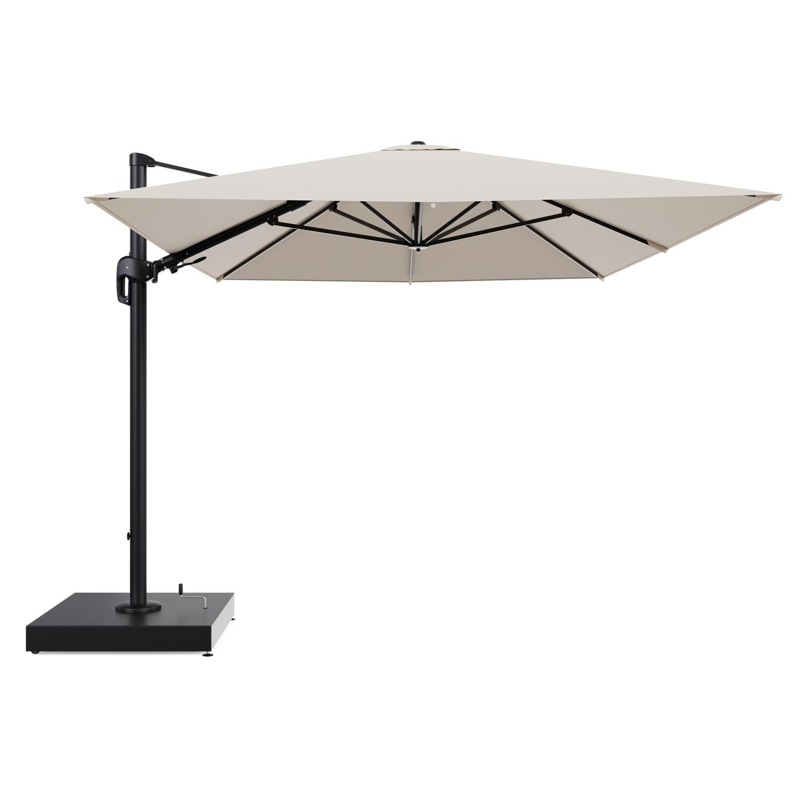 Rufina zweefparasol met tiltfunctie in zwart aluminium en Heritage Papyrus All Weather Sunbrella® Luxe parasoldoek - L1 400 x L2 300 cm met parasolvoet Minore 260 kg met wielen
