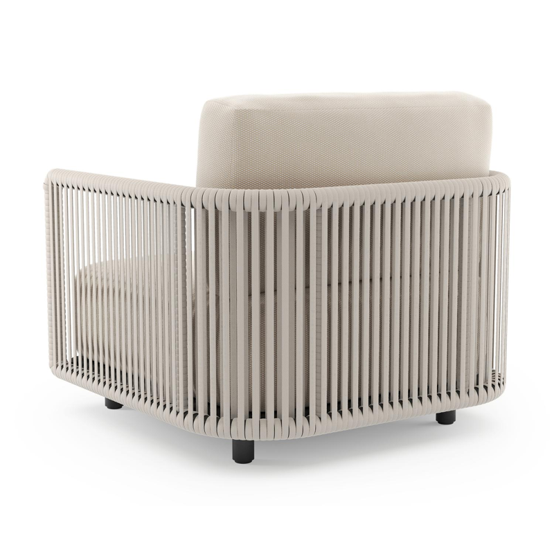 Organo loungestoel in zwart aluminium en beige verticaal geweven luxe vlakke rope met lopi antique all weather Sunbrella® luxe kussen