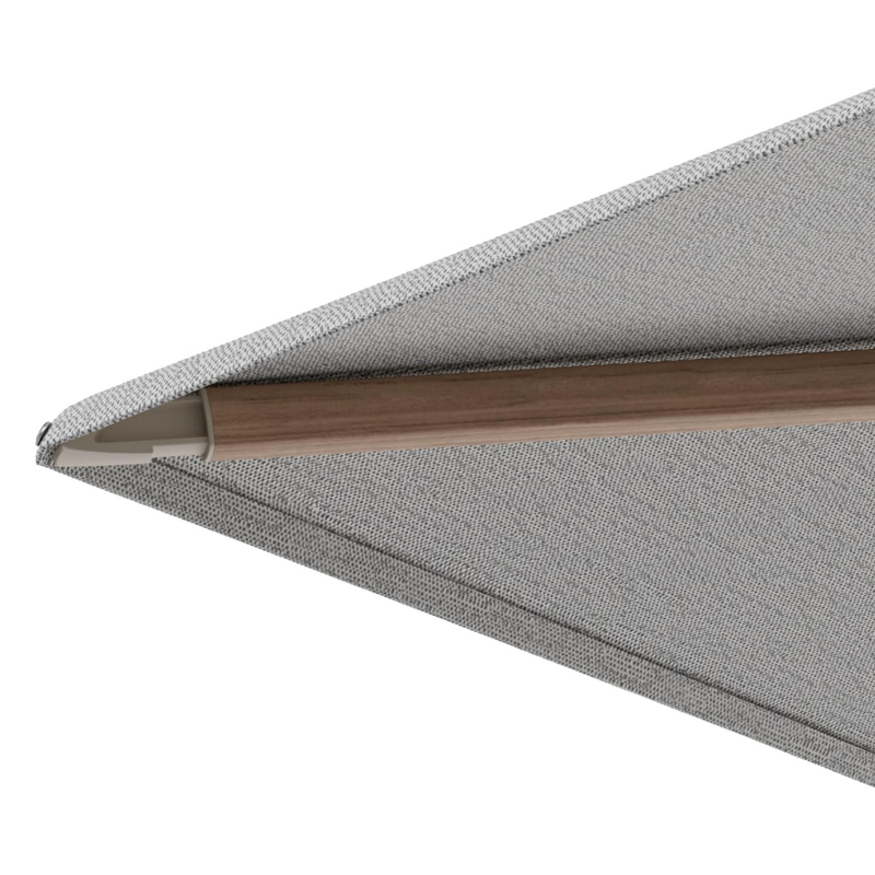 Minore zweefparasol met tiltfunctie in houtlook aluminium en Savane Nimbus All Weather Sunbrella® Luxe parasoldoek - L1: 400 x L2: 300 cm met parasolvoet Minore 260 kg met wielen