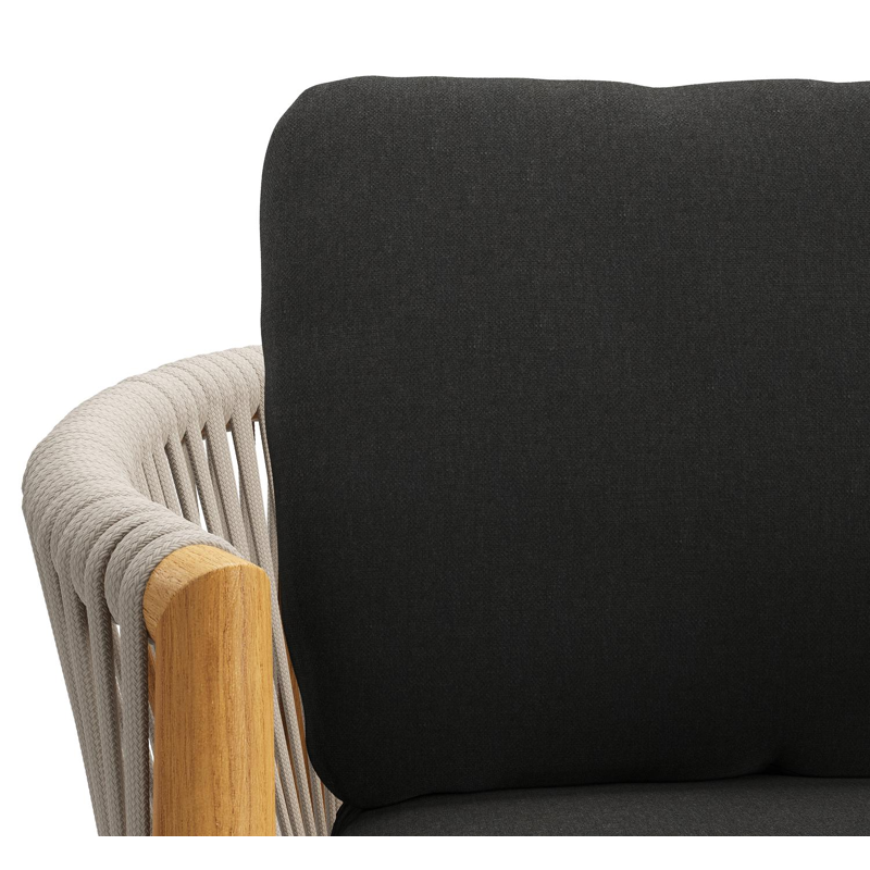 Organo tuinstoel in teak en beige verticaal geweven luxe vlakke rope met zitkussen in All Weather Sunbrella® Luxe Wander Pilat