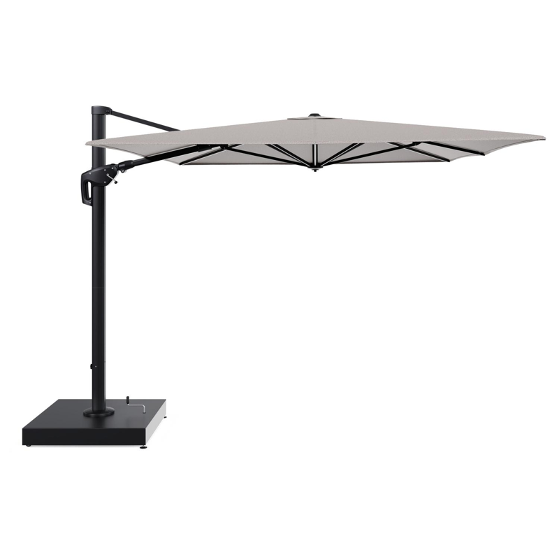 Minore zweefparasol met tiltfunctie in zwart aluminium en All Weather Sunbrella Luxe Wander Granite parasoldoek - L1 400 x L2 300 cm met parasolvoet Minore 260 kg met wielen