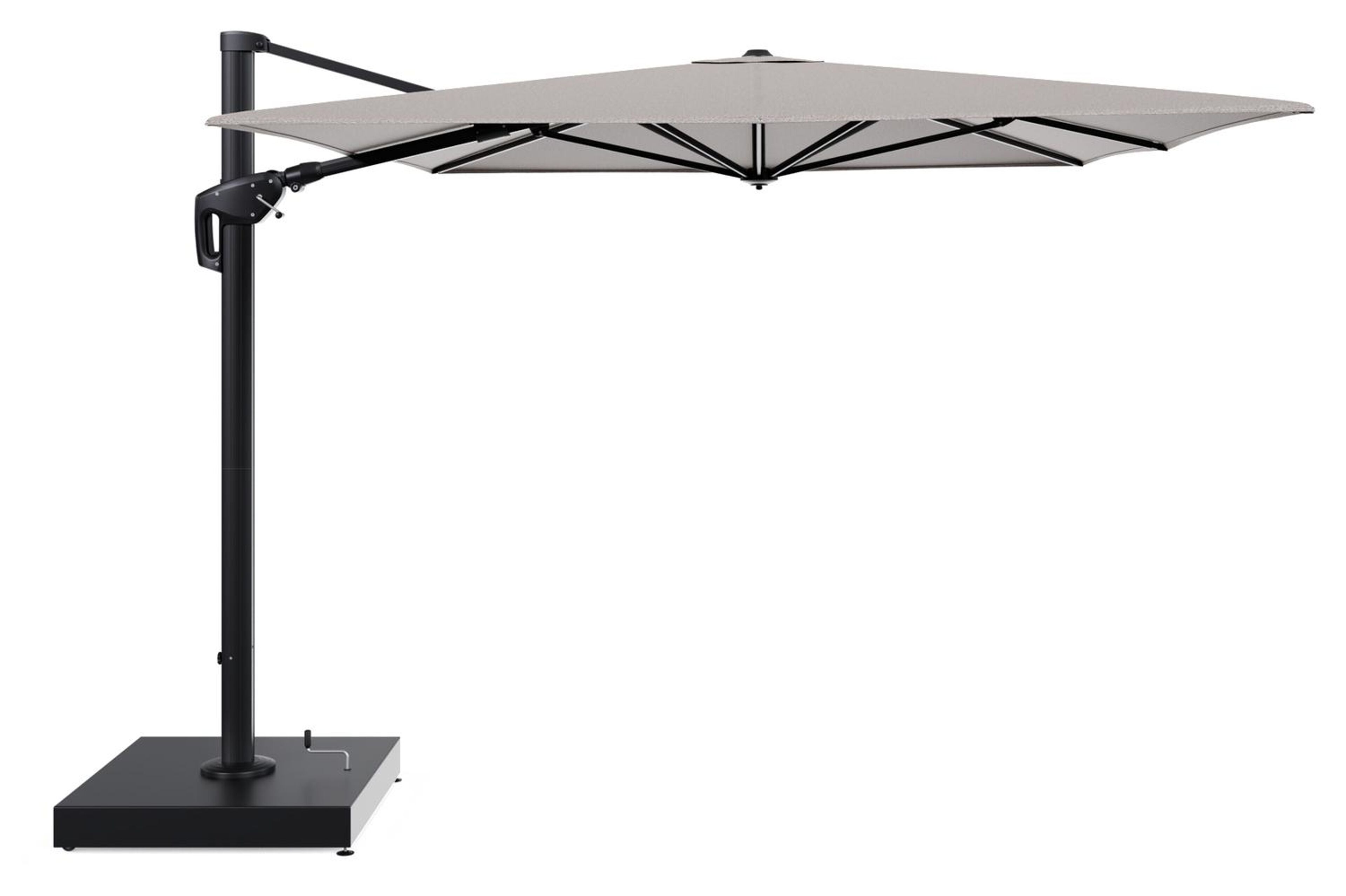 Minore zweefparasol met tiltfunctie in zwart aluminium en All Weather Sunbrella Luxe Wander Granite parasoldoek - L1 400 x L2 300 cm met parasolvoet Minore 260 kg met wielen