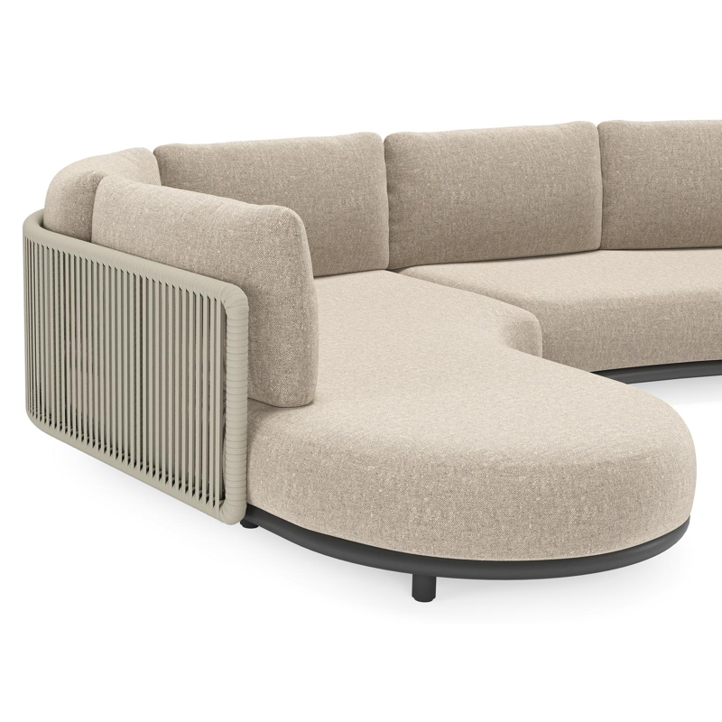 Lomano loungehoek in zwart aluminium en beige verticaal geweven luxe vlakke rope met Chartres Pewter all weather sunbrella® luxe