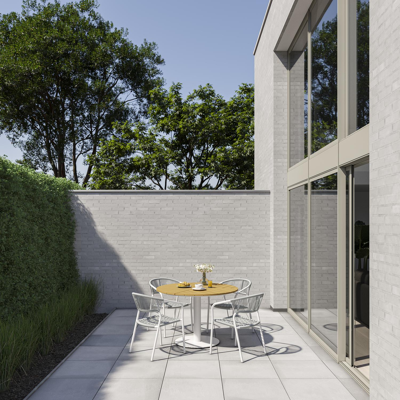 Lagos tuinset in wit aluminium en naturel polywood tafelblad met 4 stapelbare Vigo tuinstoelen