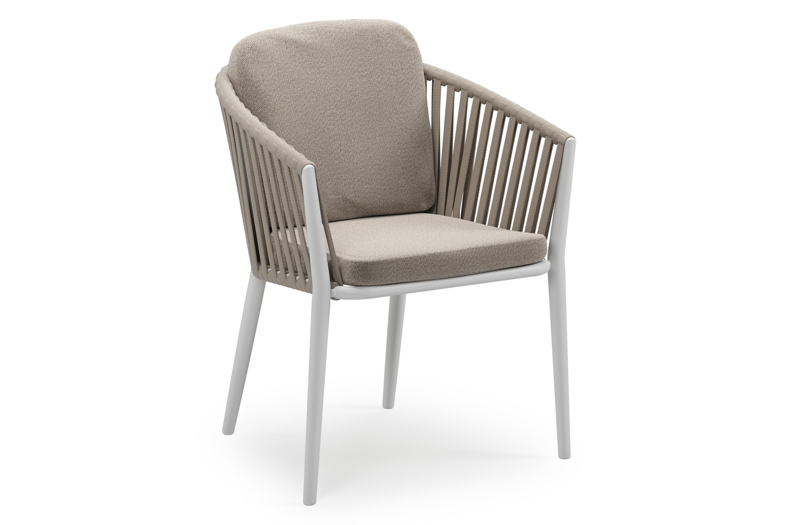 Orso stapelbare tuinstoel in wit aluminium en beige verticaal geweven luxe vlakke brede rope met stoelkussen in All Weather Sunbrella® Luxe Savane Coconut
