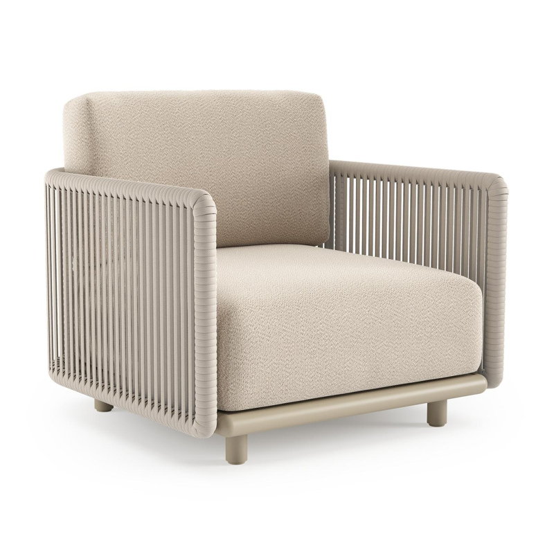 Fauteuil de jardin Organo en aluminium beige et corde luxe plate tissée verticalement beige et coussin en all weather Sunbrella® luxe lopi sand