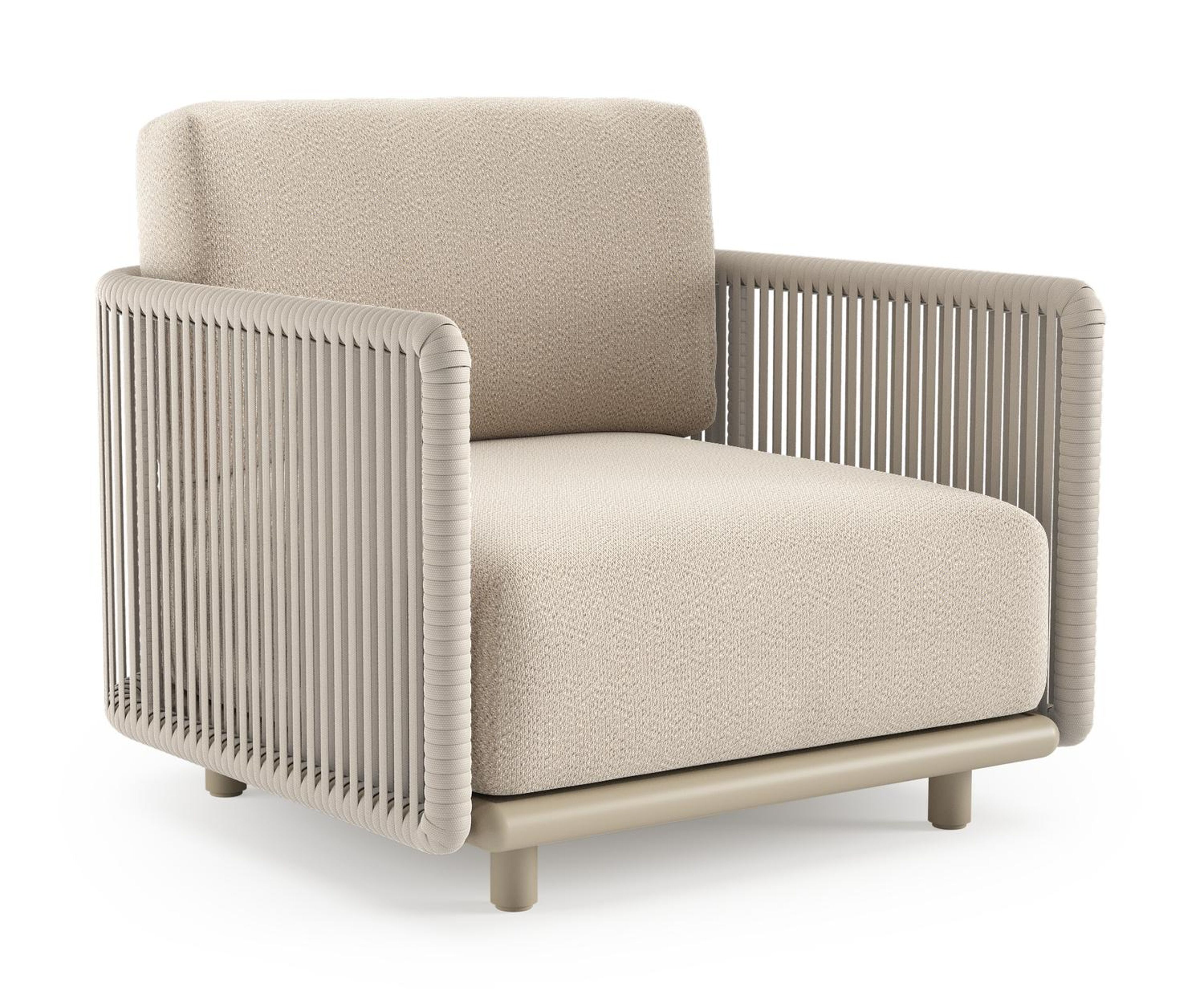 Fauteuil de jardin Organo en aluminium beige et corde luxe plate tissée verticalement beige et coussin en all weather Sunbrella® luxe lopi sand