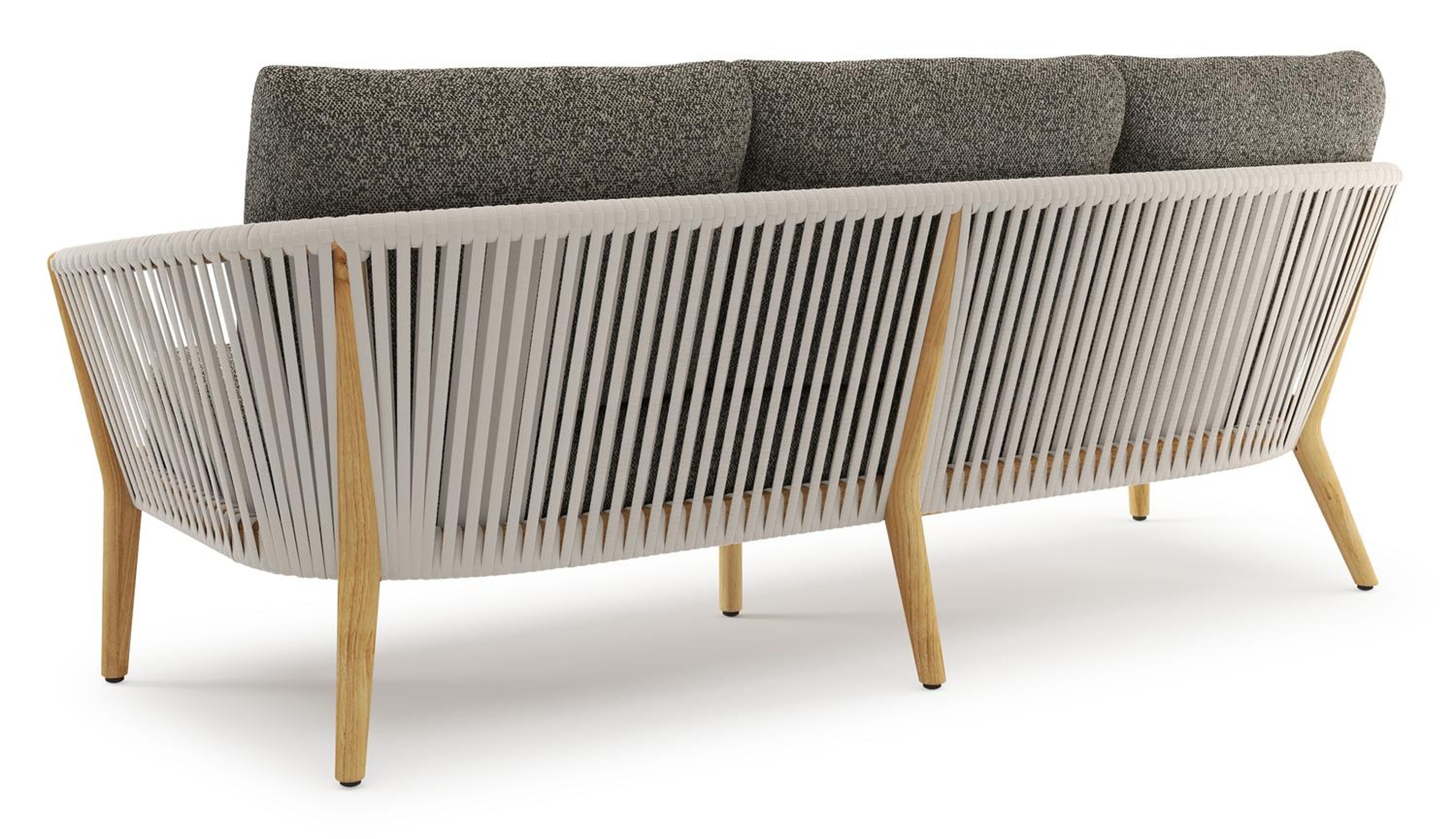 Orso loungebank in teak en beige verticaal geweven luxe vlakke rope met Marbella Tunder all weather cosytica kussen