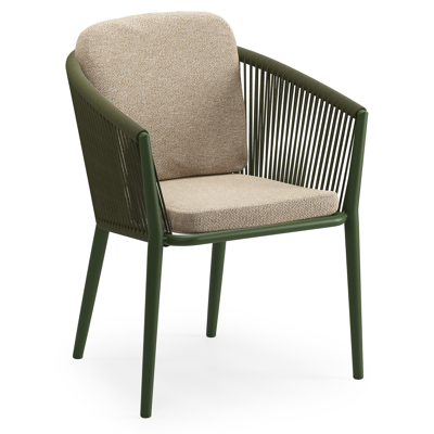 Orso tuinstoel in groen aluminium en groen verticaal geweven ronde rope met luxe zitkussen in All Weather Cosytica Madagascar Oak