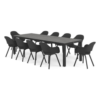 Ensemble de jardin Varese en aluminium noir avec plateau de table en céramique pleine gris et 10 chaises de jardin Artena