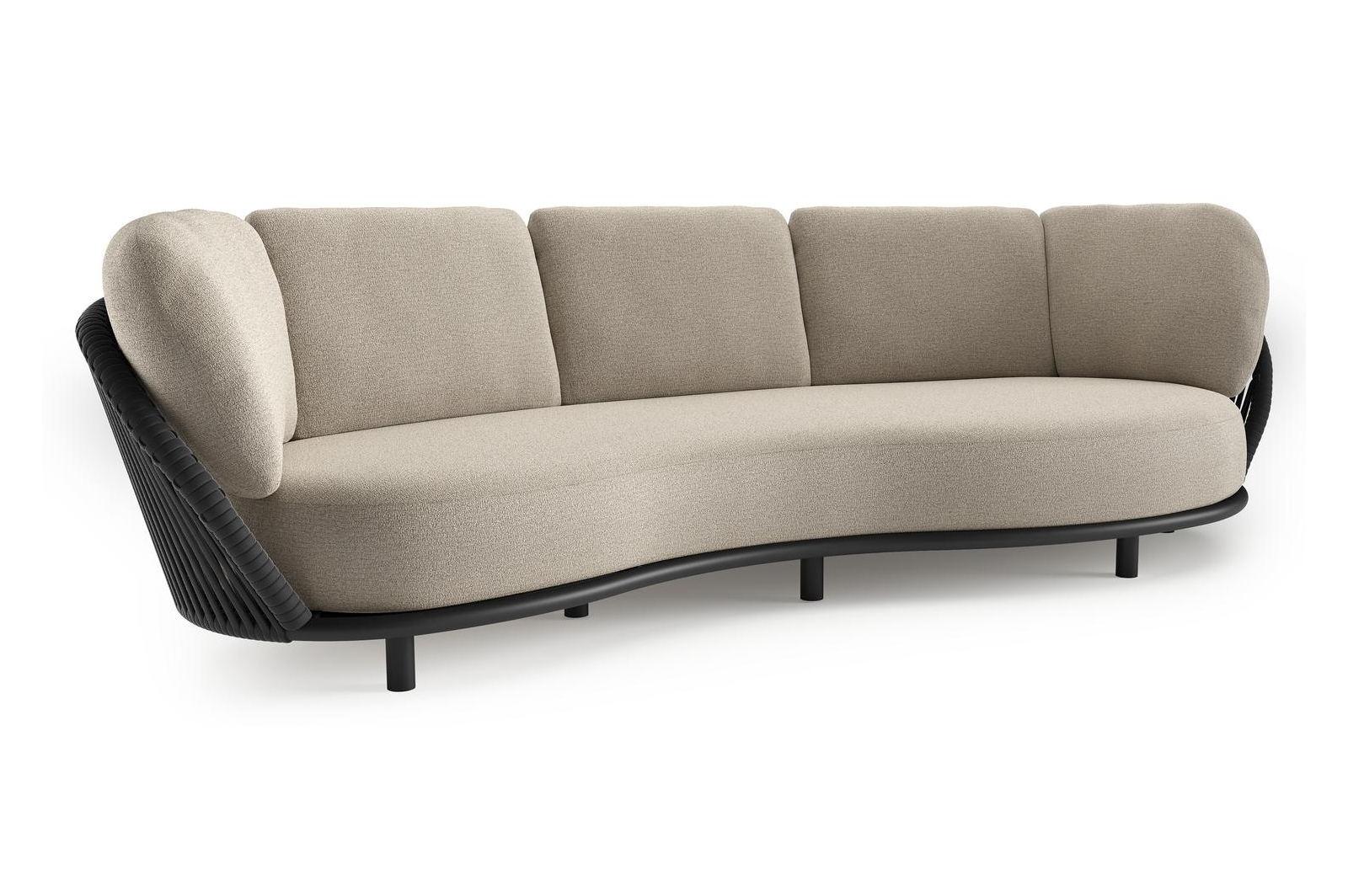 Lupino loungebank in zwart aluminium en zwart verticaal geweven luxe vlakke brede rope met catania sand all weather cosytica kussen