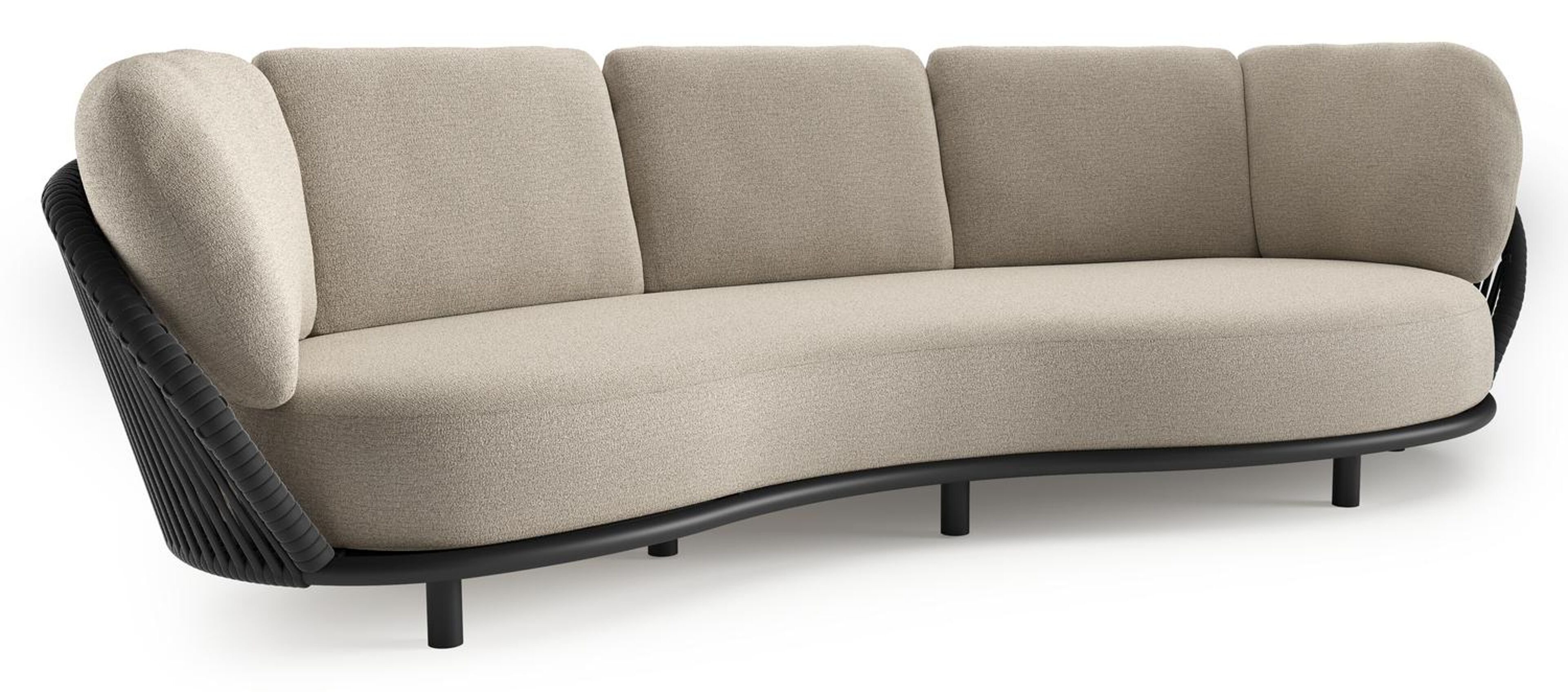 Canapé de jardin Lupino en aluminium noir et corde large plate de luxe tissée verticalement noir et coussins en all weather cosytica catania sand