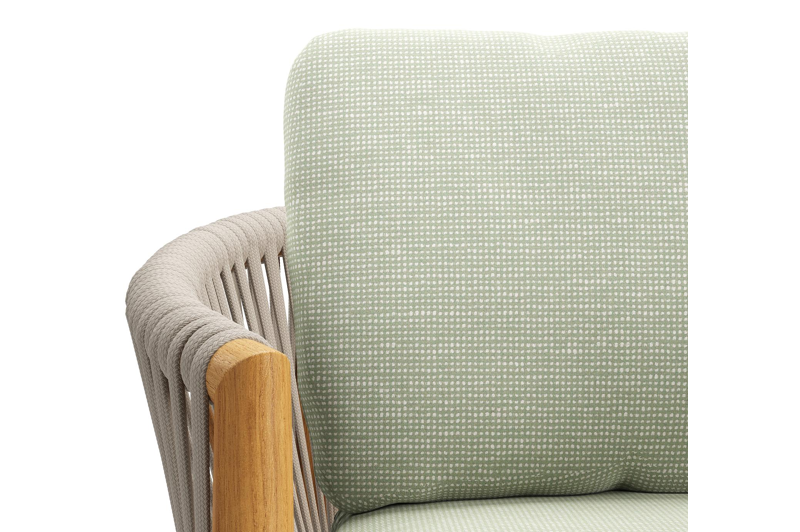 Organo tuinstoel in teak en beige verticaal geweven luxe vlakke rope met zitkussen in All Weather Sunbrella® Luxe Slow Spirea