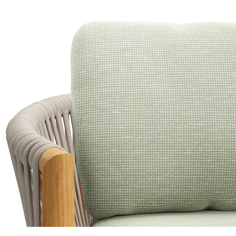 Organo tuinstoel in teak en beige verticaal geweven luxe vlakke rope met zitkussen in All Weather Sunbrella® Luxe Slow Spirea