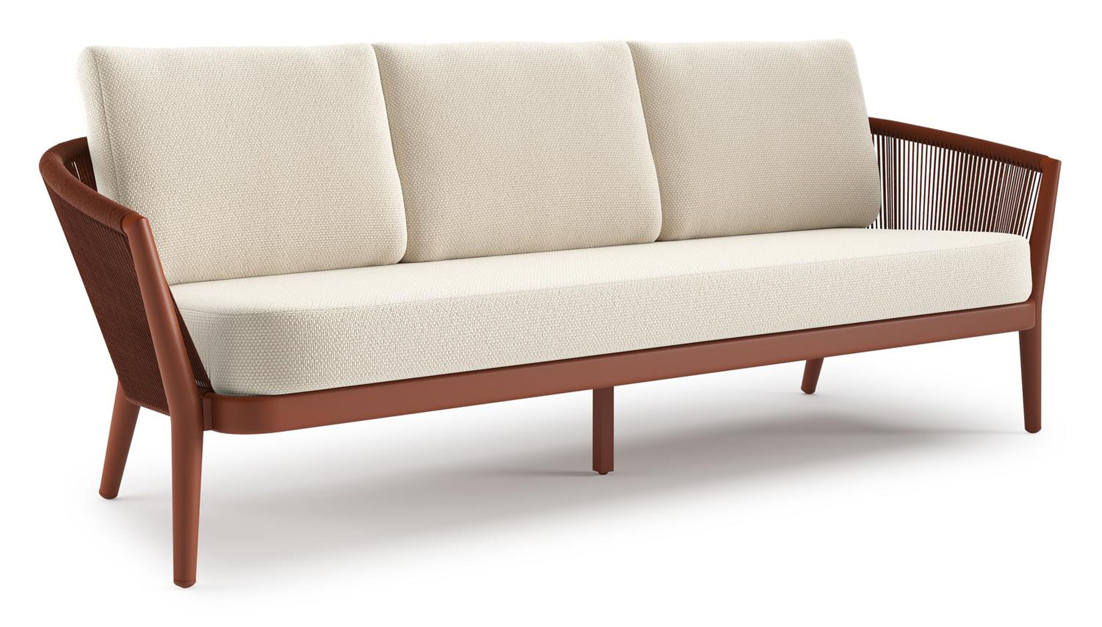 Orso loungebank in roestbruin aluminium en roestbruin verticaal geweven ronde rope met Althea Off White all weather cosytica kussen