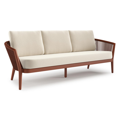 Orso loungebank in roestbruin aluminium en roestbruin verticaal geweven ronde rope met Althea Off White all weather cosytica kussen