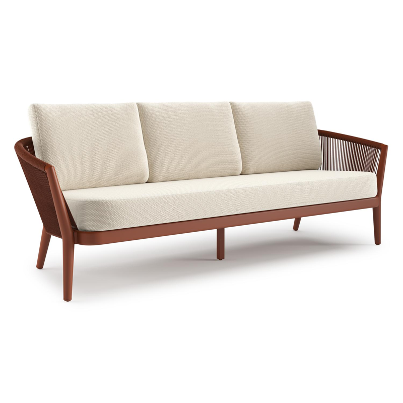 Orso loungebank in roestbruin aluminium en roestbruin verticaal geweven ronde rope met Althea Off White all weather cosytica kussen