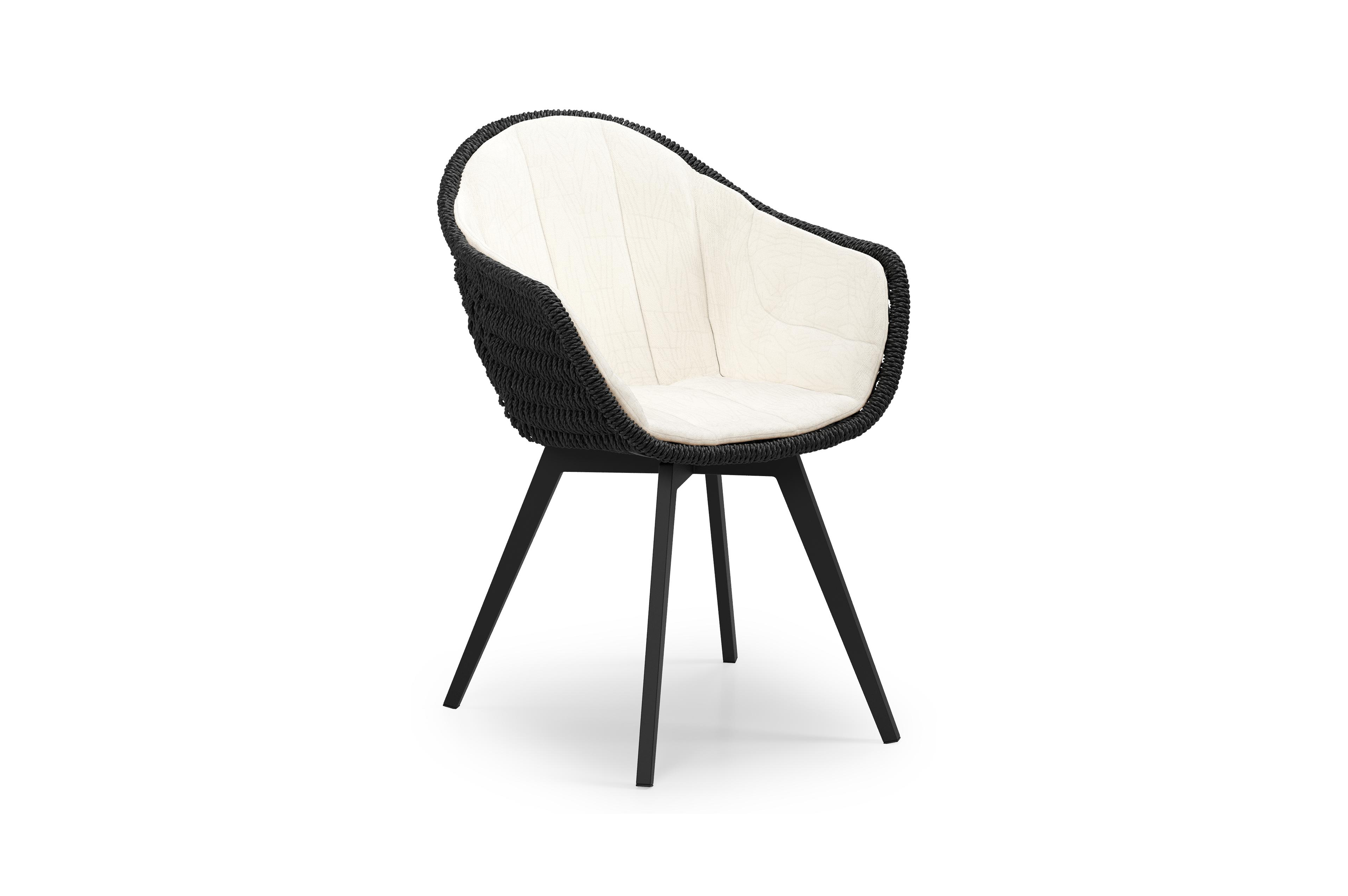 Pagino tuinstoel in zwart aluminium en zwart ronde wicker met zitkussen in All Weather Sunbrella® Luxe Natte White