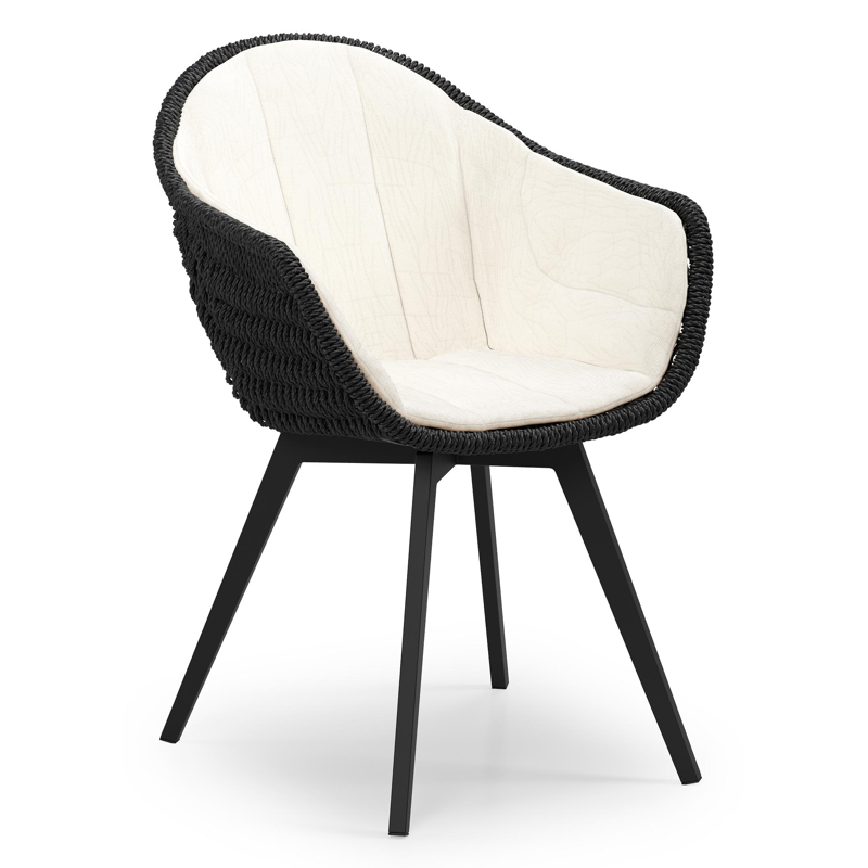 Pagino tuinstoel in zwart aluminium en zwart ronde wicker met zitkussen in All Weather Sunbrella® Luxe Natte White