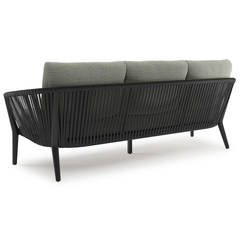 Orso loungebank in zwart aluminium en zwart verticaal geweven luxe vlakke rope met Savane Leaf all weather sunbrella® luxe kussen