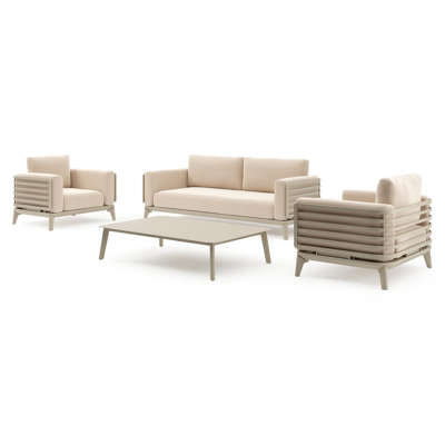 Mosa loungeset in beige aluminium met natte linen chalk all weather sunbrella® premium kussens en loungetafel