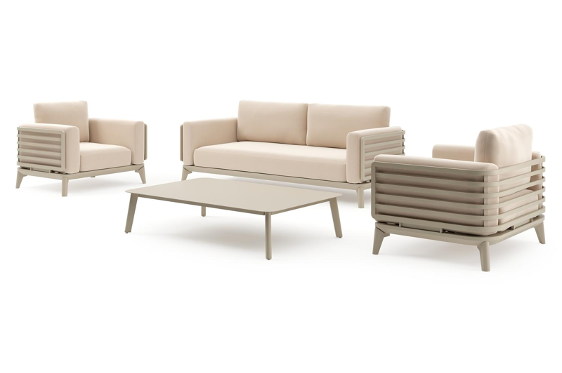 Mosa loungeset in beige aluminium met natte linen chalk all weather sunbrella® premium kussens en loungetafel