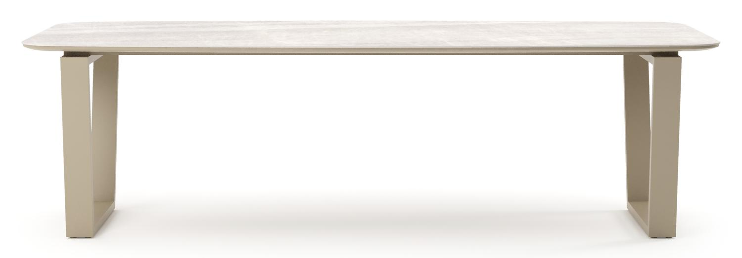 Table de jardin Pagino forme de bateau en aluminium beige et céramique pleine Taj Mahal - Lg. 255 x Lrg. 115 x Haut. 73 cm