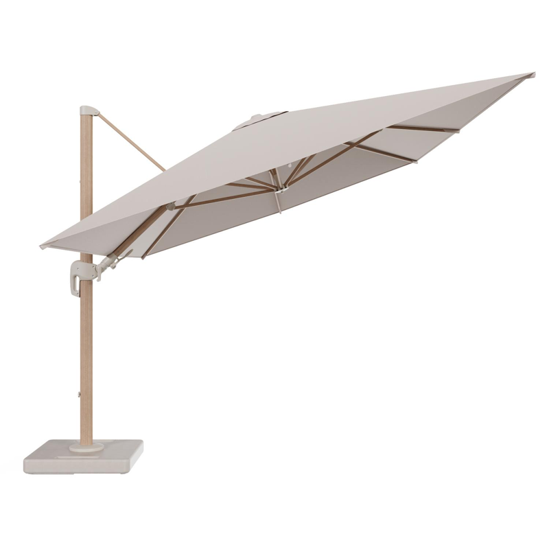 Rufina zweefparasol tiltfunctie in houtlook aluminium en parasoldoek in All Weather Sunbrella® Luxe Wander Pilat - L1 400 x L2 300 cm met parasolvoet Lapido 160 kg