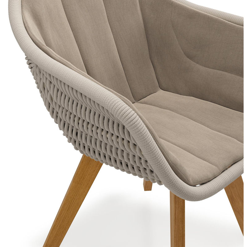 Pagino tuinstoel in teak en beige verticaal geweven ronde rope met zitkussen in All Weather Sunbrella® Luxe Natte Heather Grey