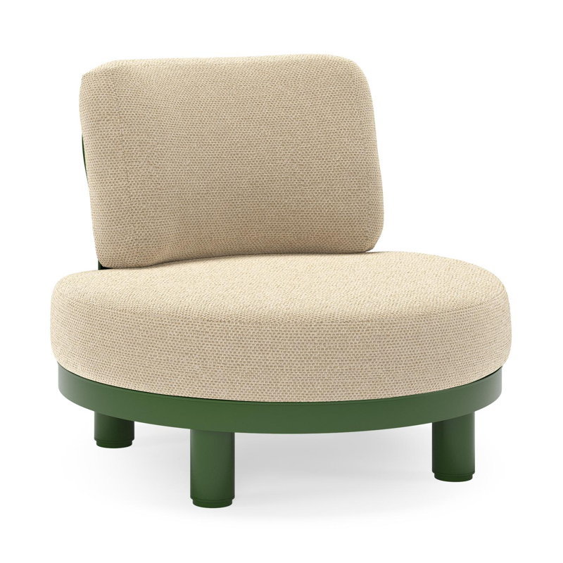 Donato loungestoel in groen aluminium met all weather cosytica Althea Camel kussen