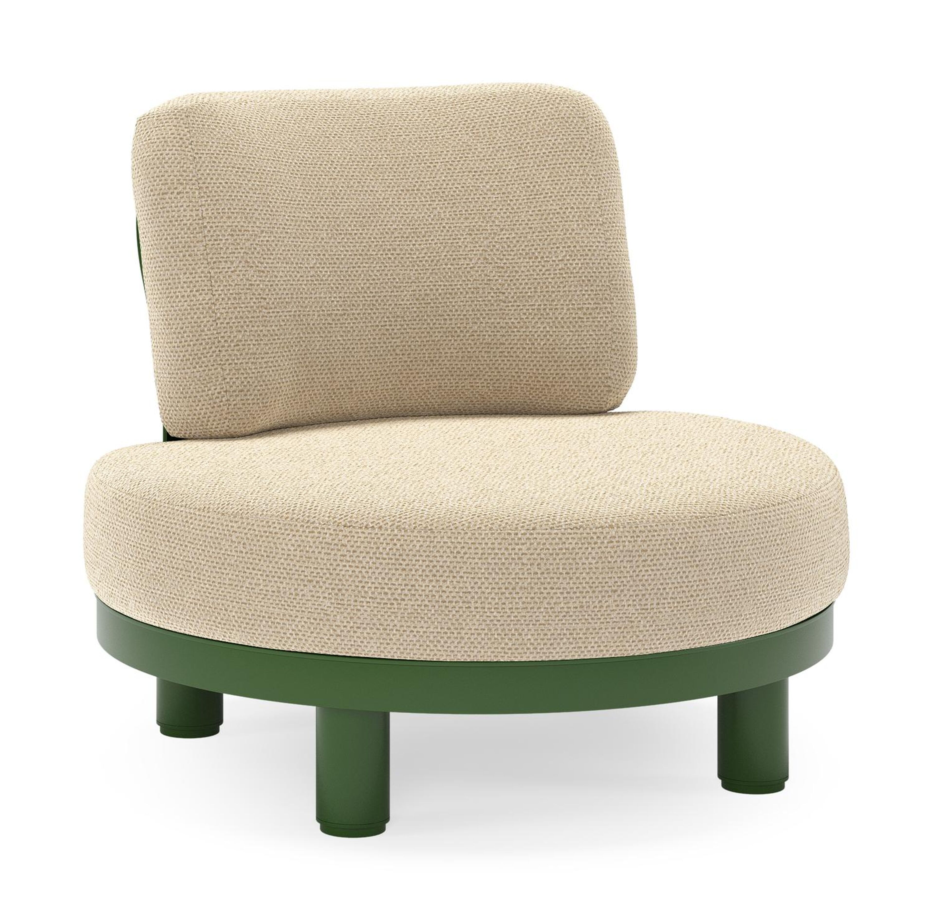 Donato loungestoel in groen aluminium met all weather cosytica Althea Camel kussen