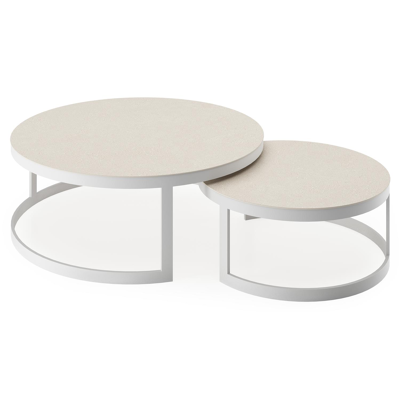 Enna set van 2 loungetafels in wit aluminium en Beige volkeramiek - Dia. 100/70 x H 37/30 cm