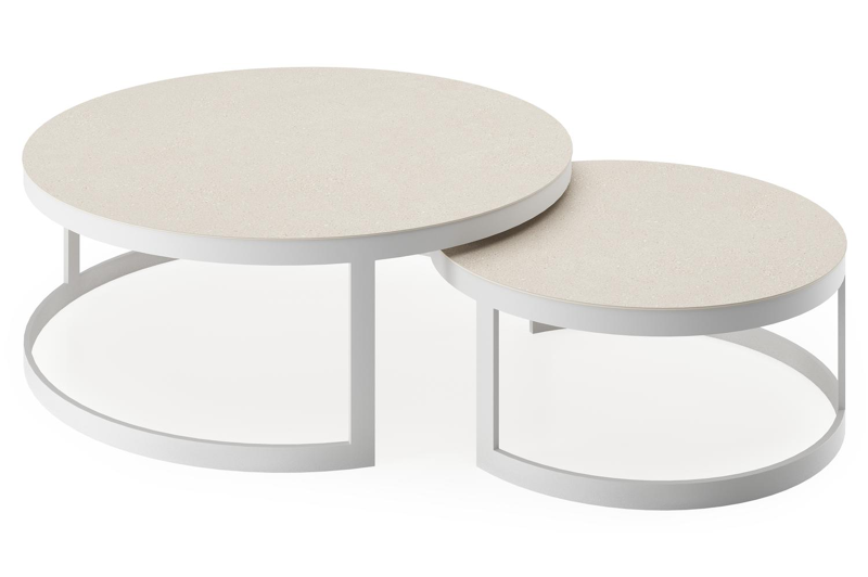 Enna set van 2 loungetafels in wit aluminium en Beige volkeramiek - Dia. 100/70 x H 37/30 cm