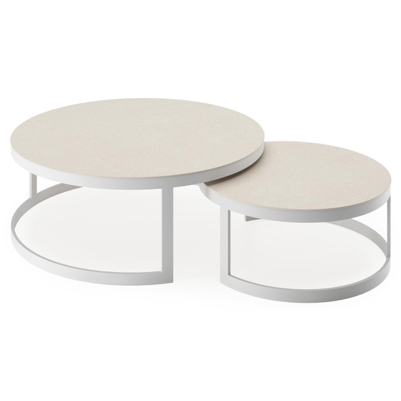 Enna set van 2 loungetafels in wit aluminium en Beige volkeramiek - Dia. 100/70 x H 37/30 cm