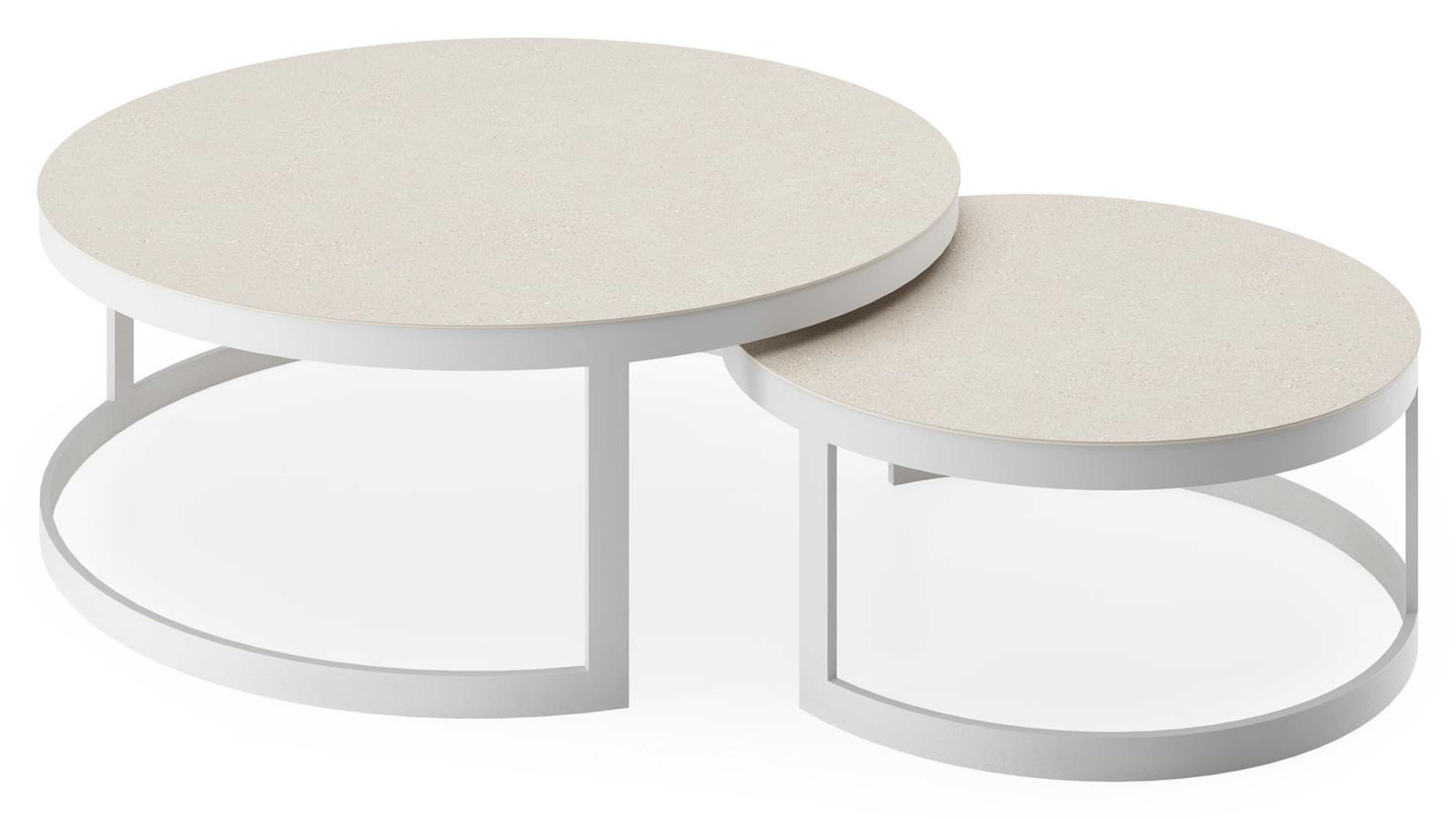 Enna set van 2 loungetafels in wit aluminium en Beige volkeramiek - Dia. 100/70 x H 37/30 cm