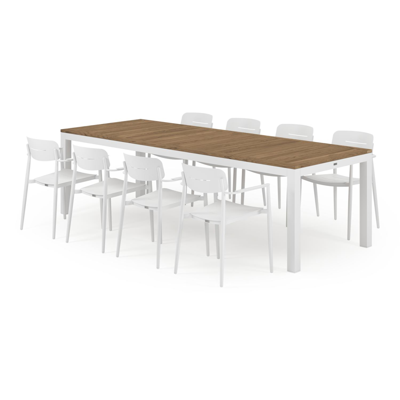 Varese tuinset in wit aluminium en colour finish teak tafelblad met 8 stapelbare Cosa tuinstoelen