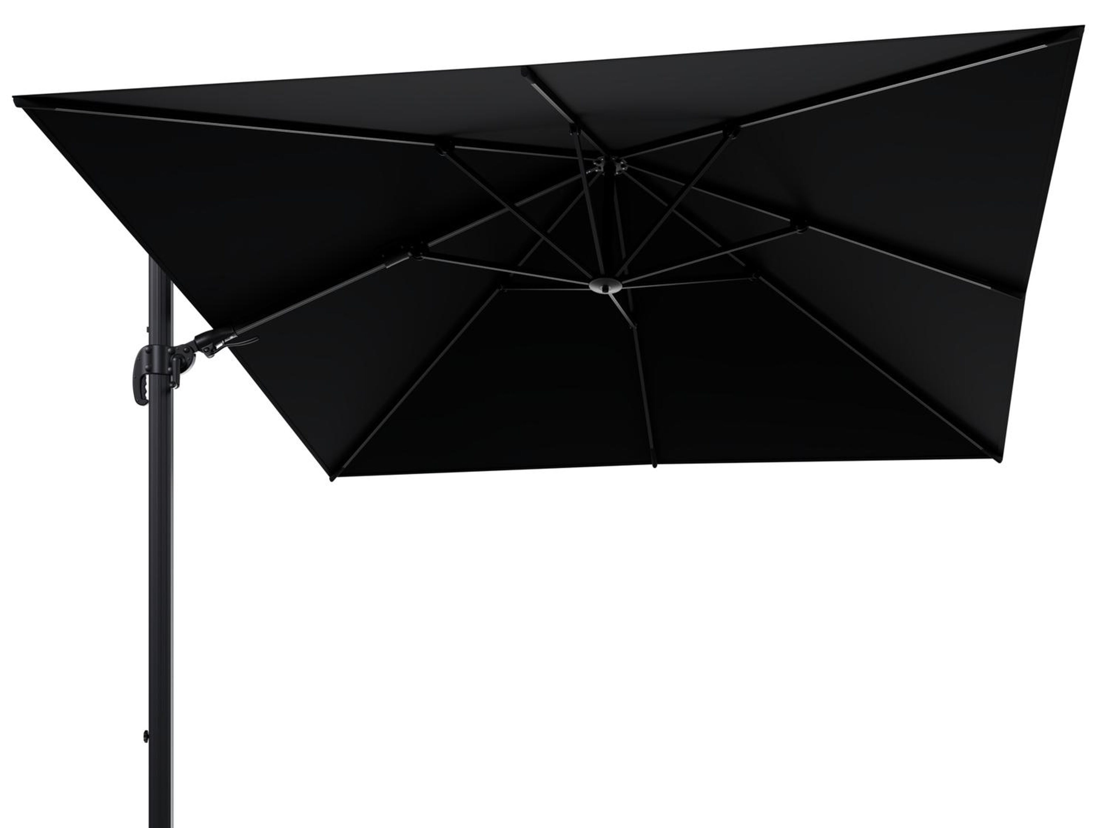 Avola zweefparasol met tiltfunctie in zwart aluminium met zwart sunbrella® premium parasoldoek - L1 300 x L2 300 cm (zonder voet)