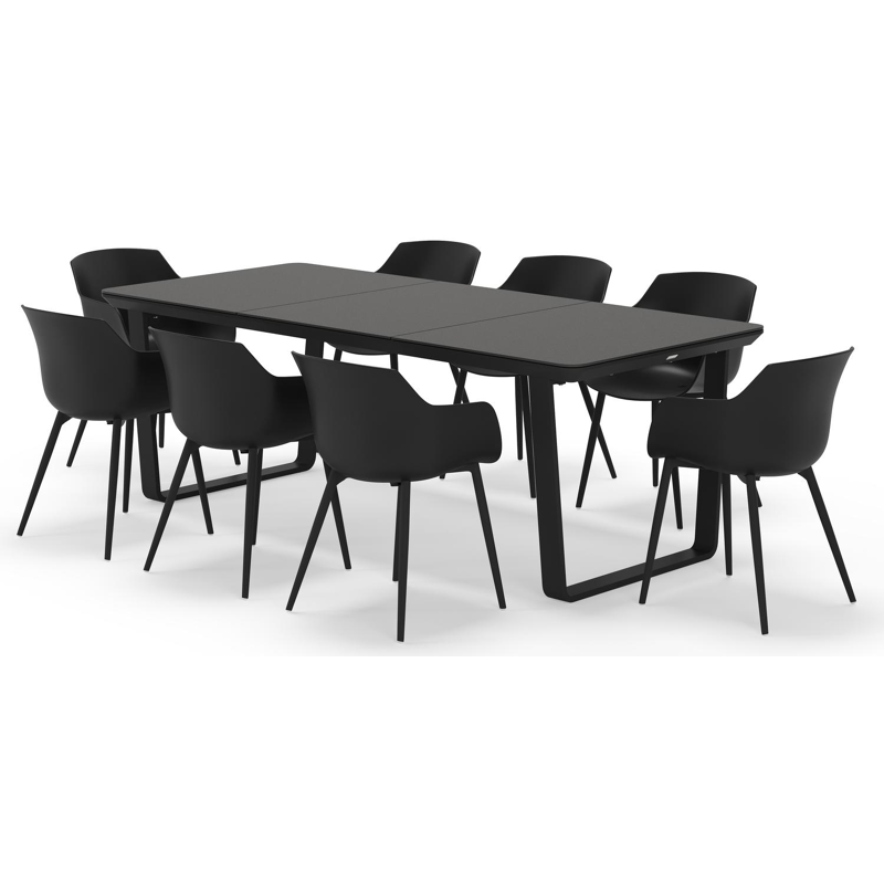 Ensemble de jardin Alora rectangulaire arrondi en aluminium noir et sintered stone noir avec 8 chaises de jardin Paco