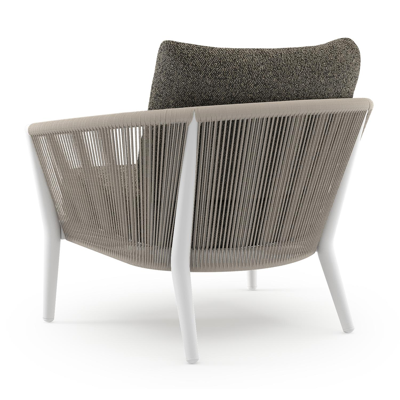 Fauteuil de jardin Orso en aluminium blanc en corde ronde tissée verticalement beige et coussins en all weather cosytica Marbella Tunder