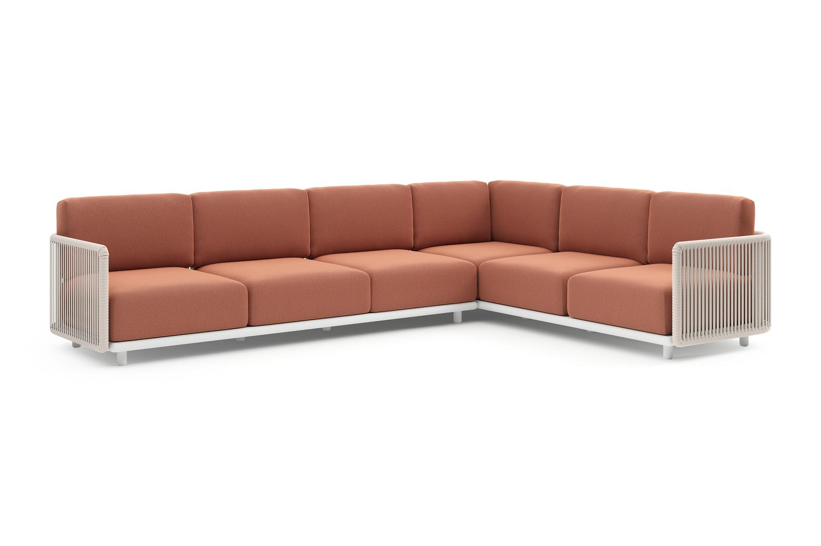 Organo loungehoek in wit aluminium en beige verticaal geweven luxe vlakke rope met heritage rust all weather Sunbrella® luxe kussen