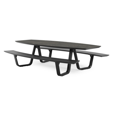 Forno picknicktafel bootvorm in zwart aluminium en volkeramiek black obsession tafelblad - L 280 x B 192 x 72 cm