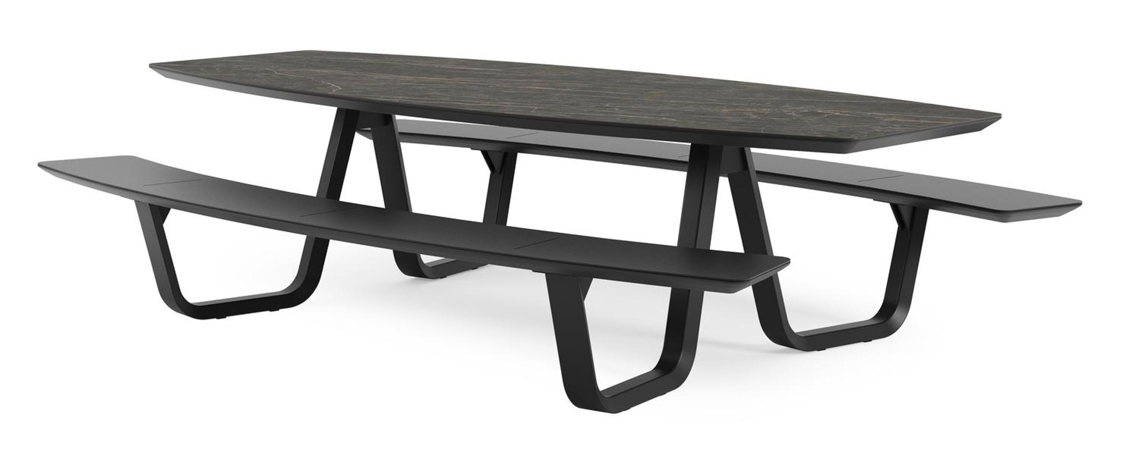 Forno picknicktafel bootvorm in zwart aluminium en volkeramiek black obsession tafelblad - L 280 x B 192 x H 72 cm