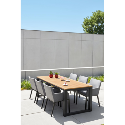 Ensemble de jardin Livo en aluminium noir avec plateau de table en teck Naturel et 6 chaises de jardin Rivo