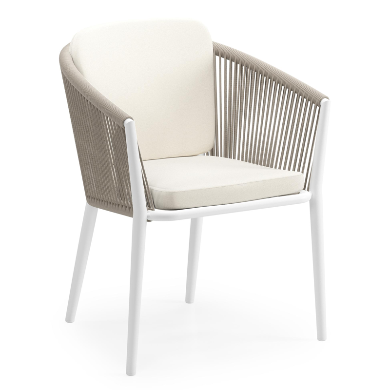 Orso tuinstoel in wit aluminium en beige verticaal geweven ronde rope met zitkussen in All Weather Sunbrella® Luxe Natte White