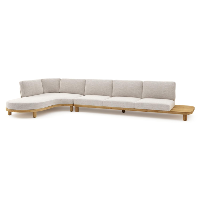 Donato loungehoek in teak en beige verticaal geweven ronde rope met all weather sunbrella® luxe Tundra Sand kussen