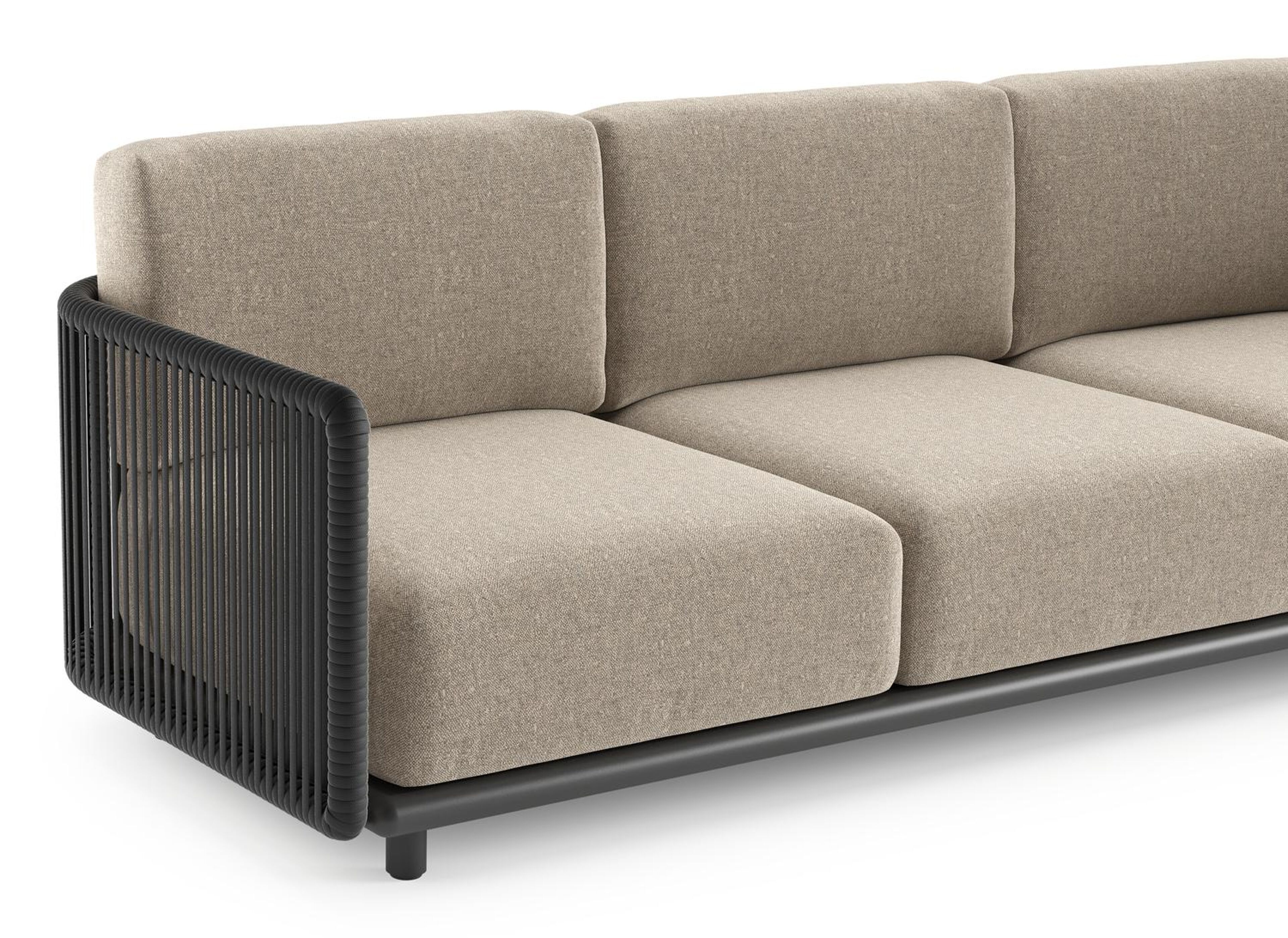 Organo loungehoek in zwart aluminium en zwart verticaal geweven luxe vlakke rope met chartres pewter all weather Sunbrella® luxe kussen