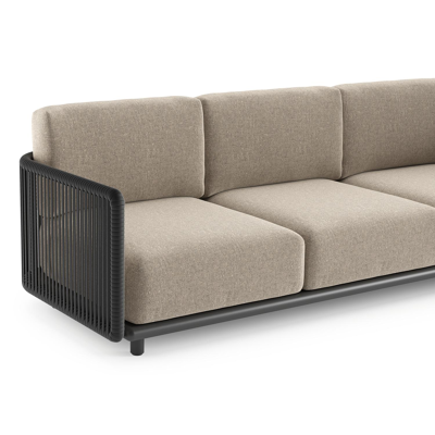 Salon de jardin d'angle Organo en aluminium noir et corde luxe plate tissée verticalement noir et coussin en all weather Sunbrella® luxe chartres pewter