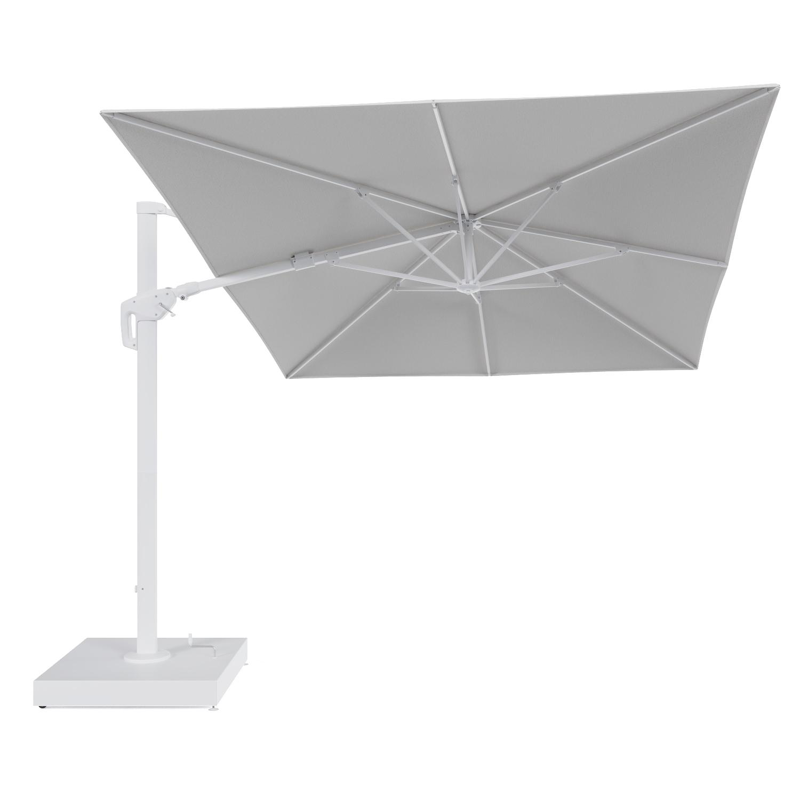 Minore zweefparasol met tiltfunctie in wit aluminium en Ego Birch All Weather Solica parasoldoek - L1 400 x L2 300 cm met parasolvoet Minore 260 kg met wielen